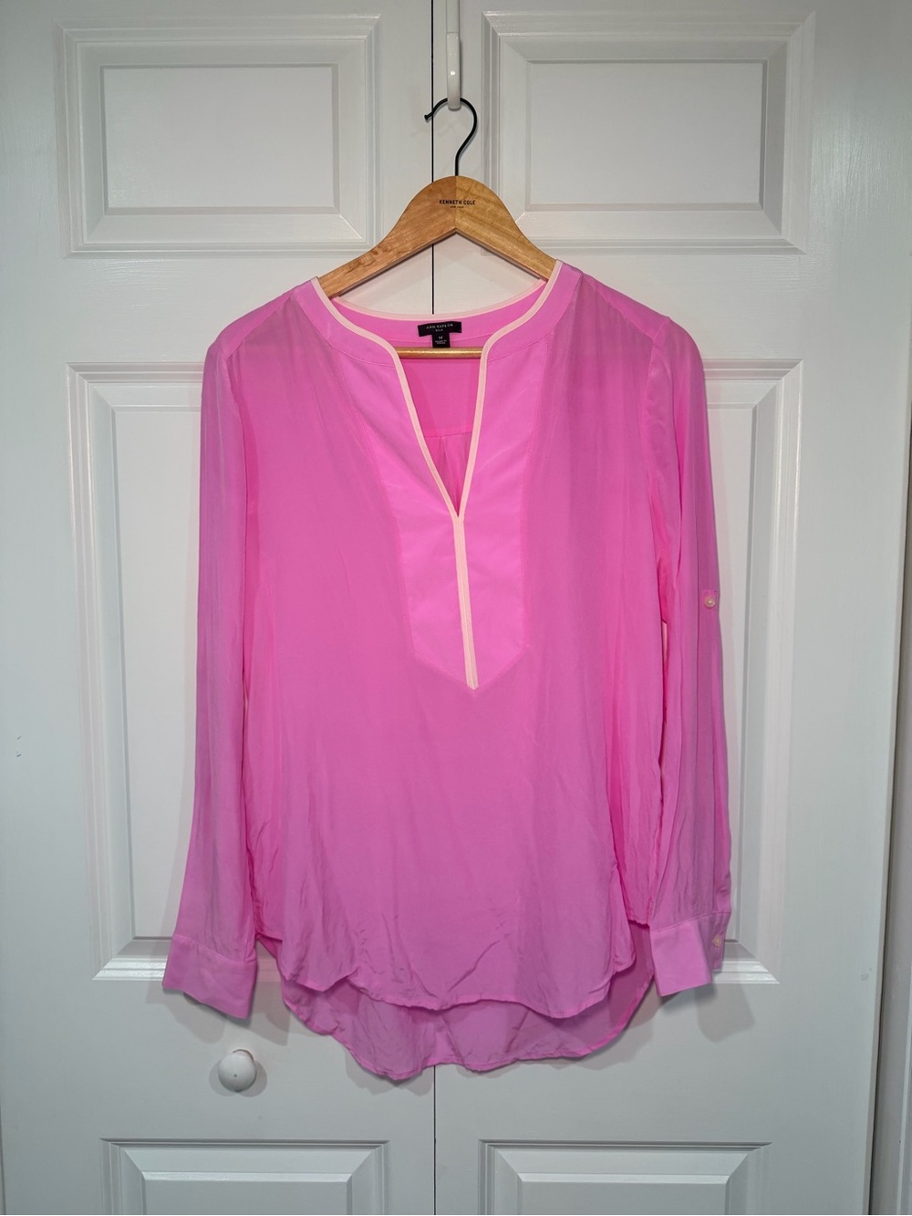 Ann Taylor Silk Bright Pink Split V-Neck Long Sleeve Blouse